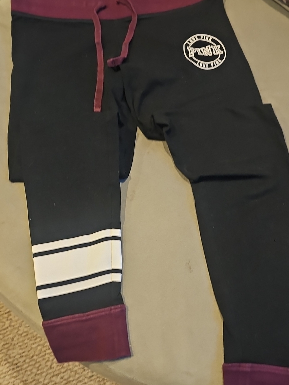 PINK Victoria's Secret Black Joggers with Burgundy Waistband & Cuff